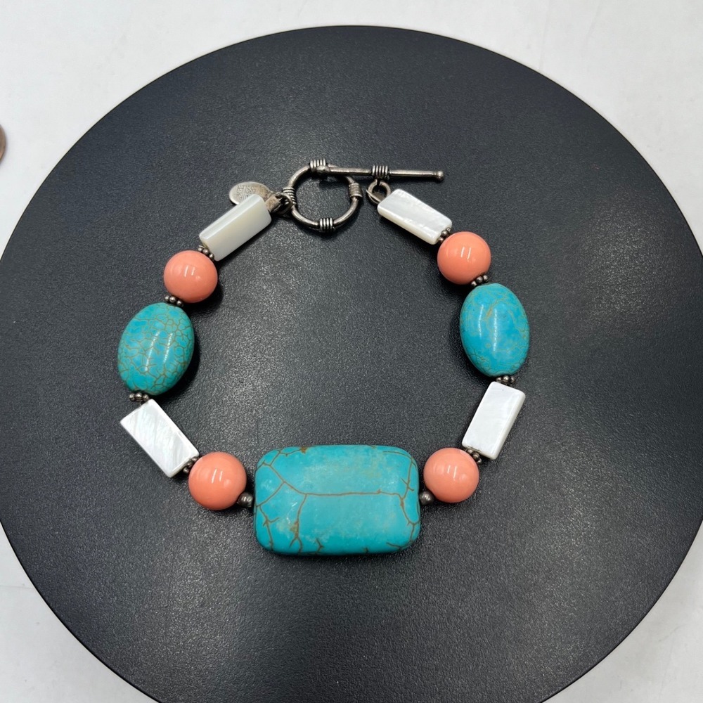 Donna Dressler Vintage Sterling Silver Dyed Howlite Blue Orange Stone Bracelet